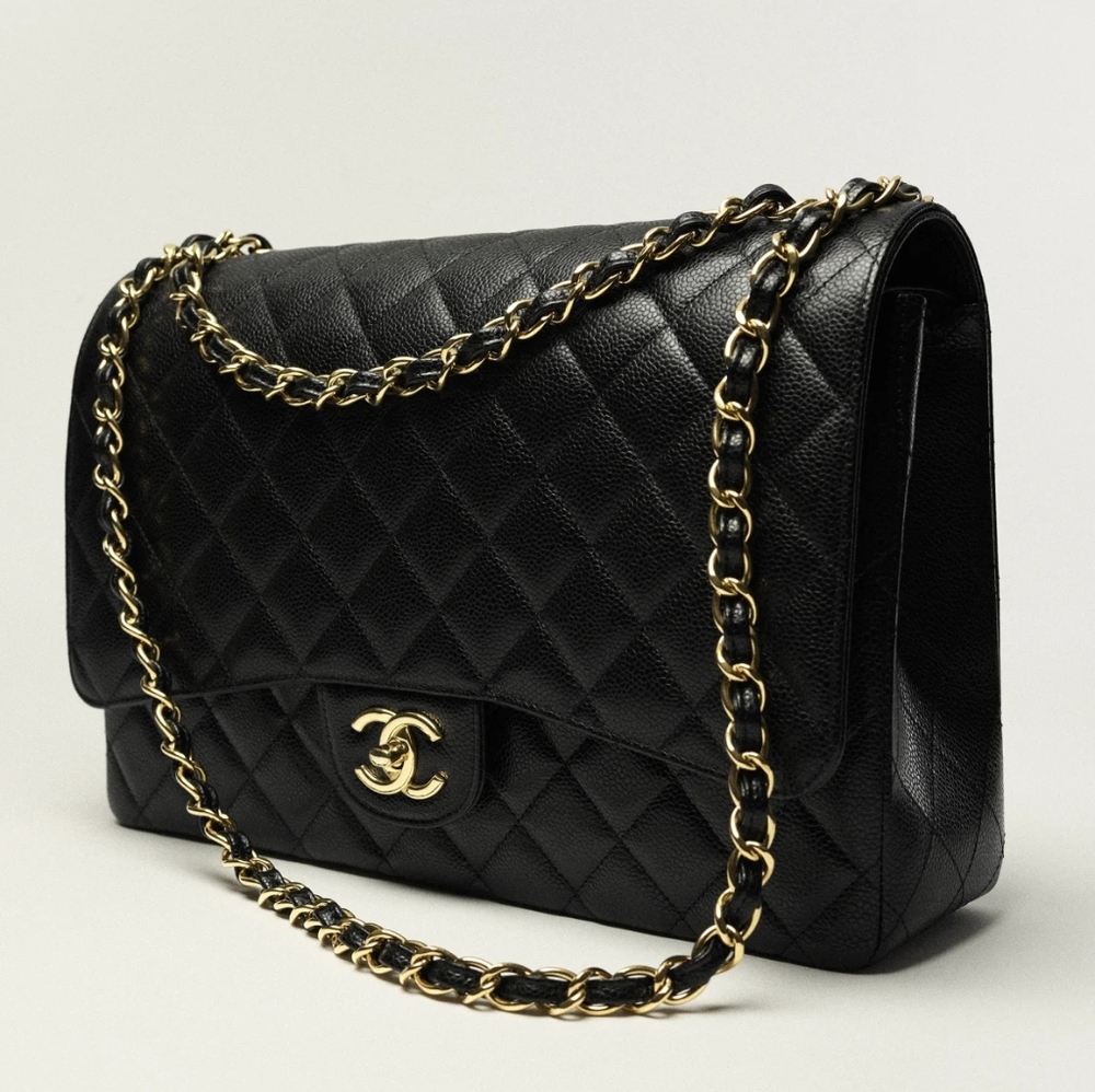 Rare! Chanel CC 24 kt Gold HW Classic Single Flap Bag Quilted BLACK Caviar JUMBO - Picture 3 of 16
